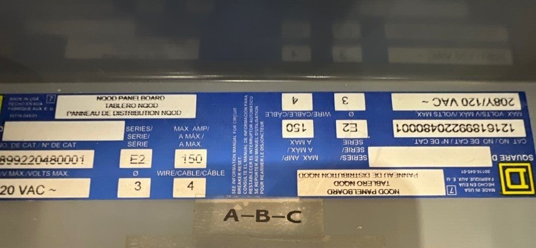 Sq D NQOD Panelboard 150A 208Y/120V 3PH 4W 42 Circuit Main Q2L3150 MCB 150 Amp P253 Used