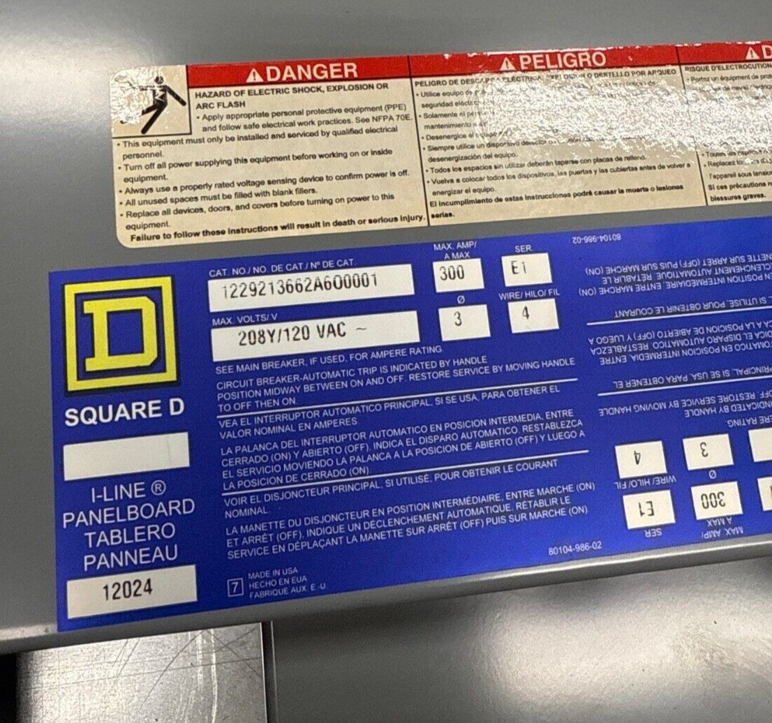 Square D I-Line Panelboard 300A 208/120V 3PH 4W 18 Cir Indoor Encl MCB LA36300 P439 Used