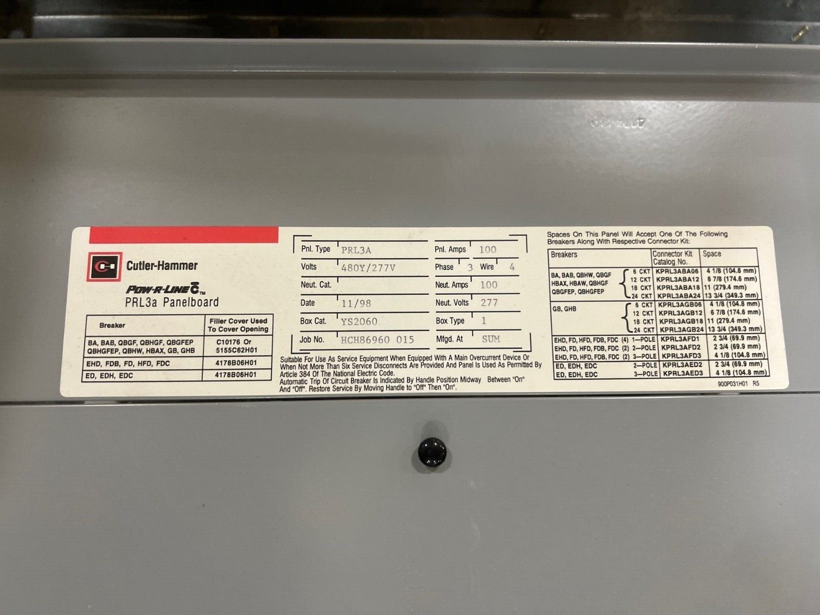 CH PRL3A Panelboard 100A 480/277V 3PH 4W 42 Cir MLO Main Lug Indoor 100 Amp P680 Used