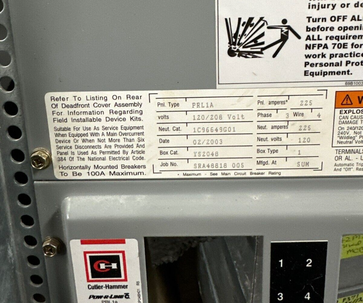 Cutler Hammer PRL1A Panelboard 225A 120/208V 3PH 4W Main Lug MLO 42 Cir 225 Amp P130 Used