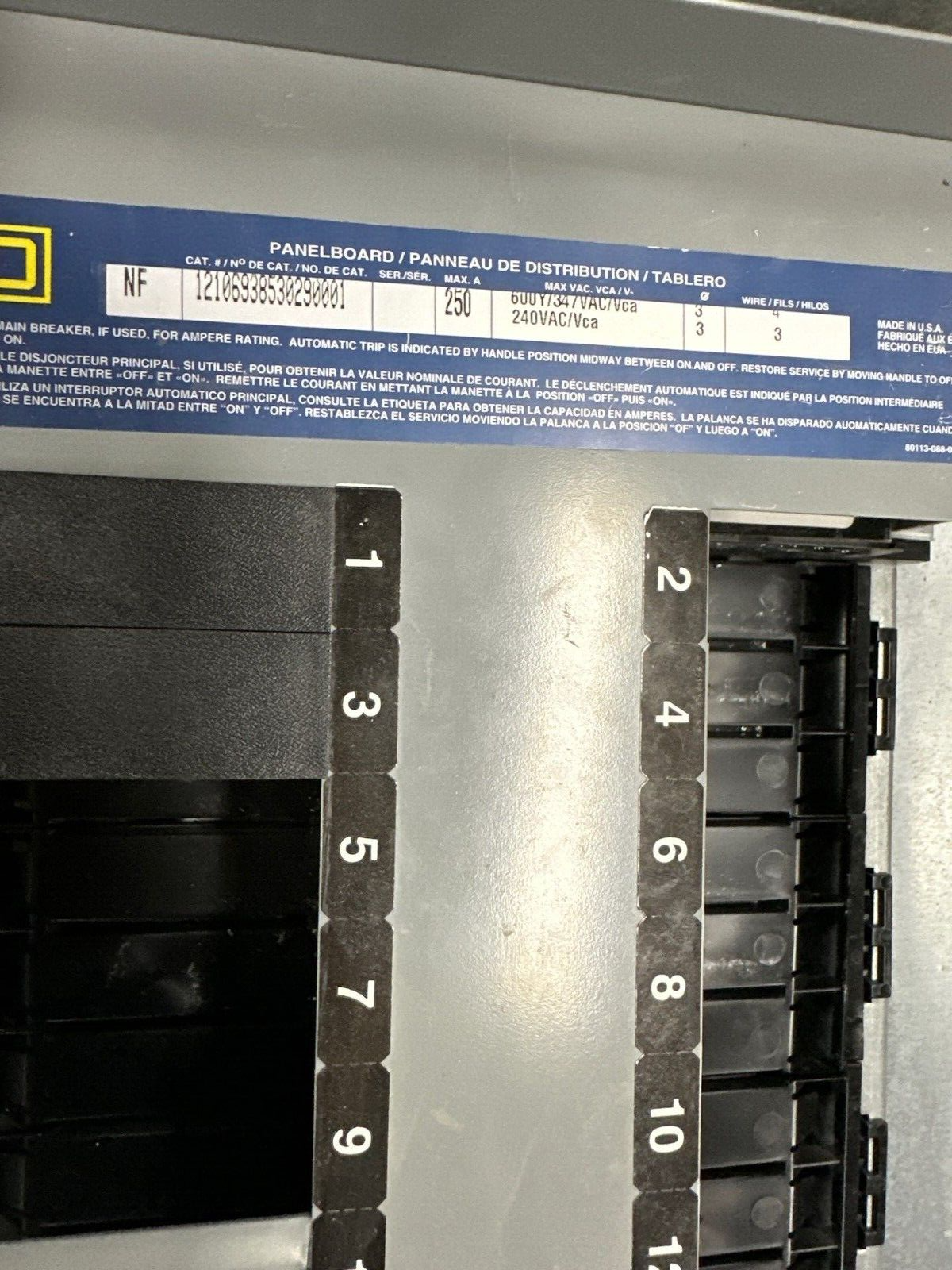 Square D NF Panelboard 250A 600Y/347V 3PH 4W 42 Circuit Indoor Encl Main Lug MLO P354 Used