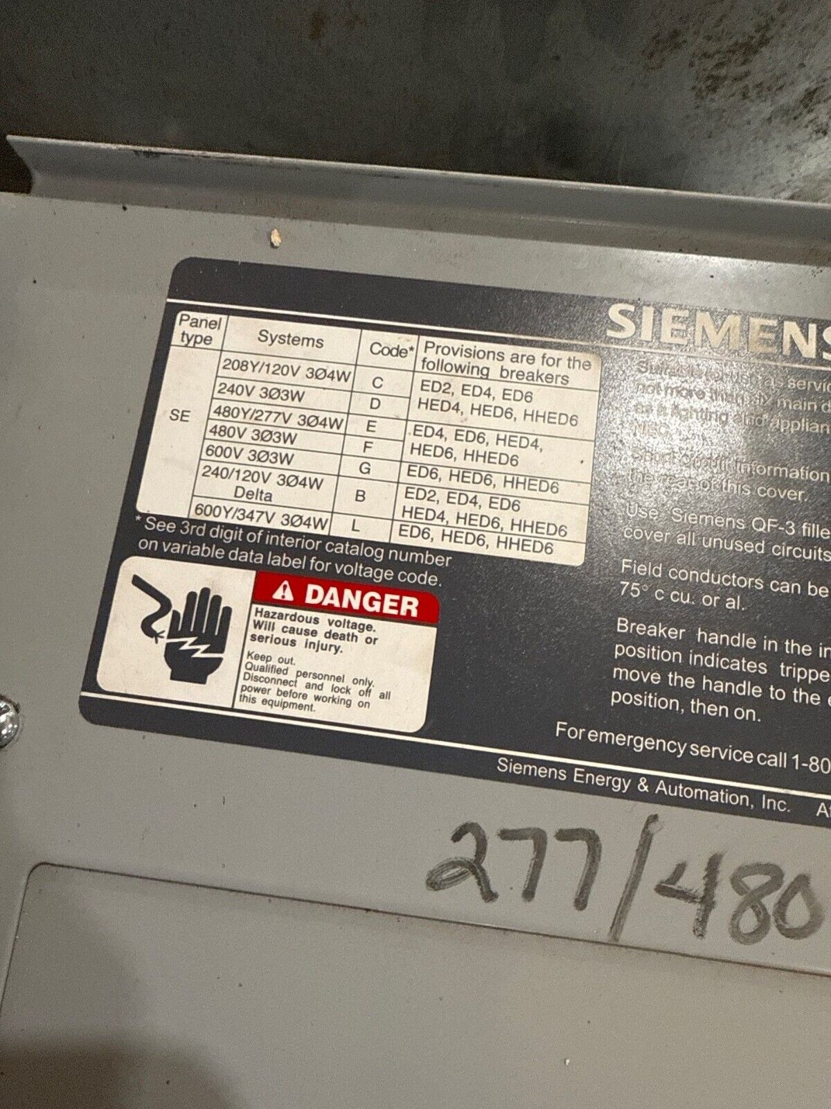 Siemens SEE42ML400ATS Panelboard 400A 480/277V 3PH 4W 42Cir MCB Indoor Encl P662 Used