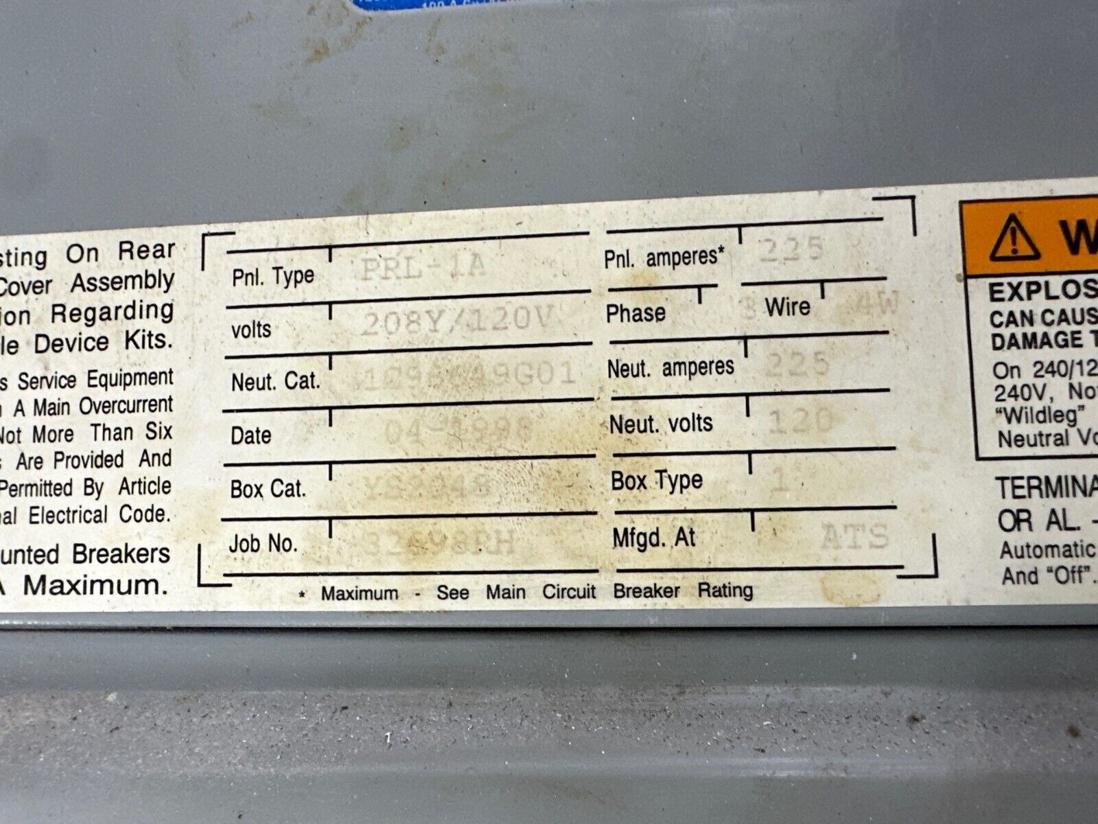 CH PRL1A Panelboard 225A 208Y/120V 3PH 4W Indoor Encl 30 Circuit MCB ED3150 P390 New