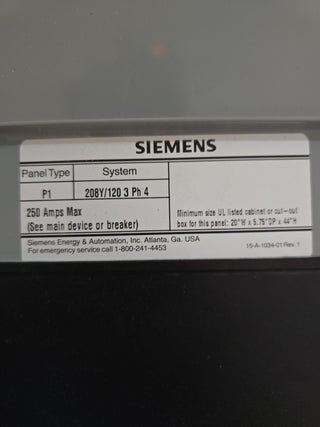 Siemens P1 P1C42ML250ABF Panelboard 250A 208/120V 3PH 4W MLO 42Cir 250 Amp Panel Used