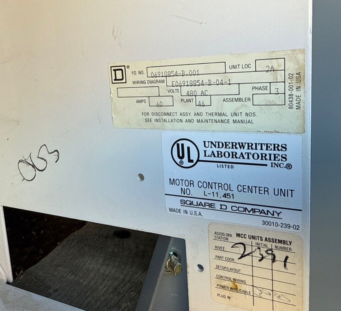 Square D Model 6 12" MCC Motor Control Center Bucket 60A 480V 3PH Fused 60 Amp Used