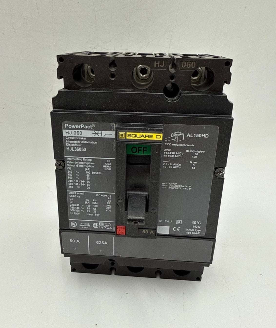 Square D HJL36050 Circuit Breaker 50A 3P 600V 3PH HJL 50 Amp 3 Pole PowerPact HJ