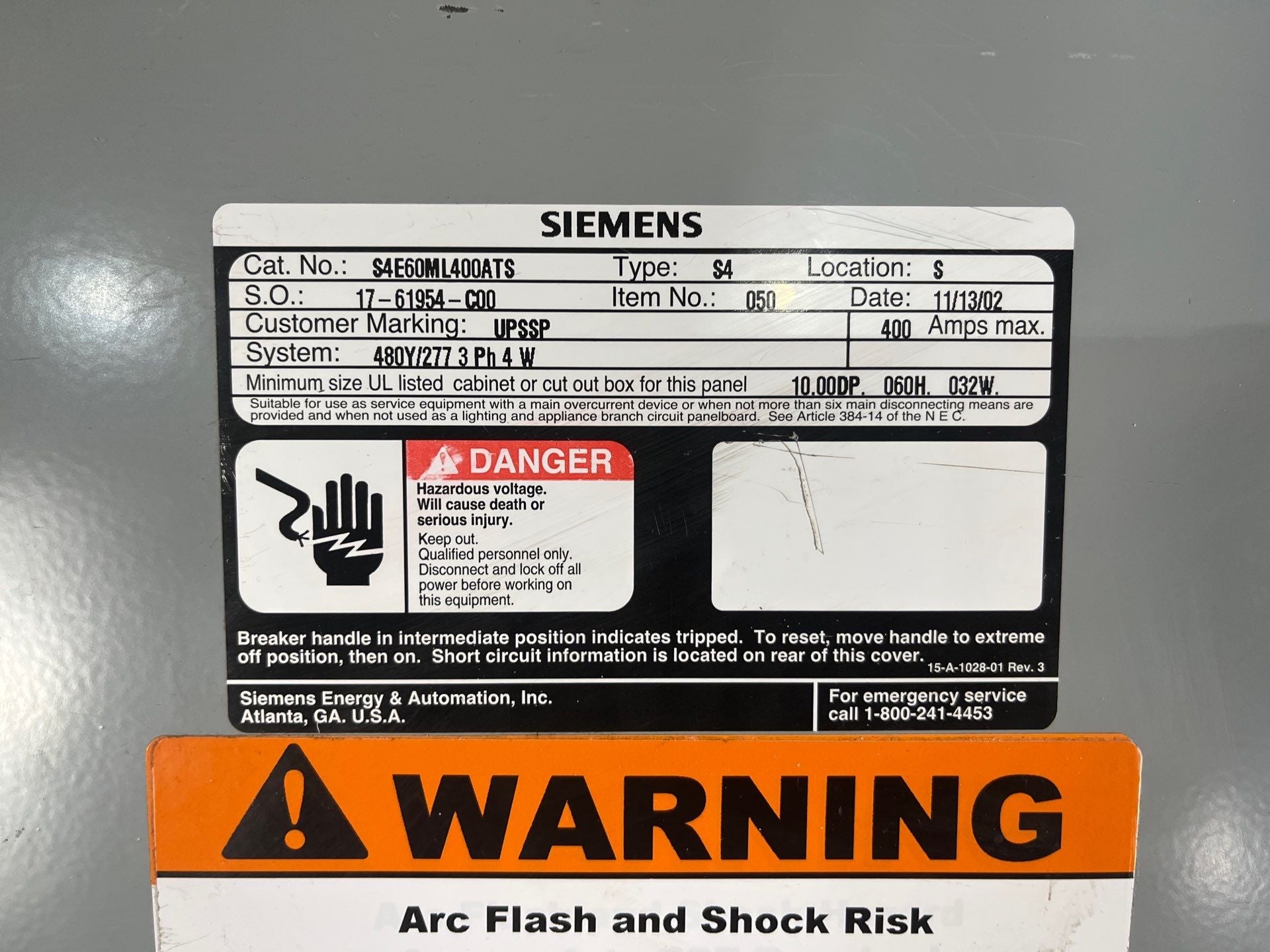 Siemens S4 S4E60ML400ATS Panelboard 400A 480/277V 3PH 4W MLO Indoor Encl B60 Used