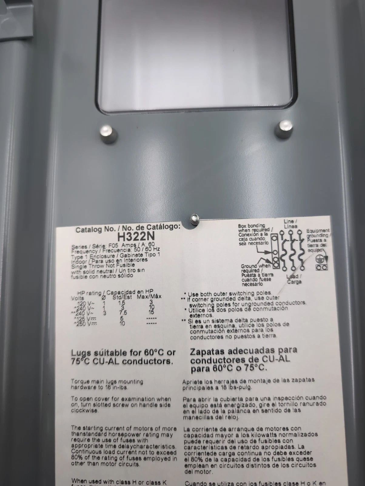Square D H322N Safety Disconnect Switch 60A 3P 240V 15HP 60 Amp 3 Pole Window Used