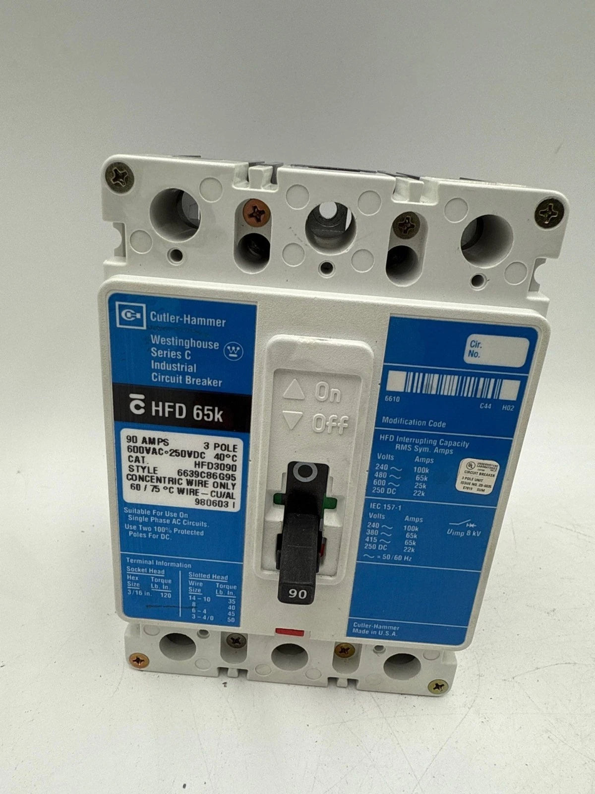 Cutler Hammer HFD3090 Circuit Breaker 90A 600V 3P HFD 65k 90 Amp 3 Pole Used Used