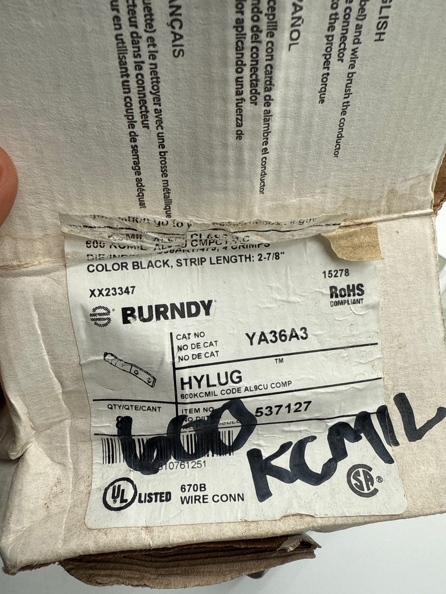 Burndy YA36A3 Hylug Compression Lug 600kcmil 1/2in 2 Hole Alu Long Barrel 8 Pack New