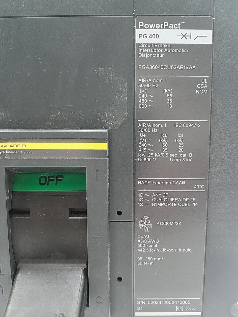 Square D PGA36040CU63A Used