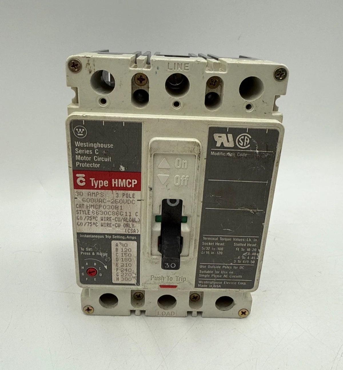 Westinghouse HMCP030H1 Circuit Breaker 30A 3P 600V 3PH HMCP 30 Amp 3 Pole Used