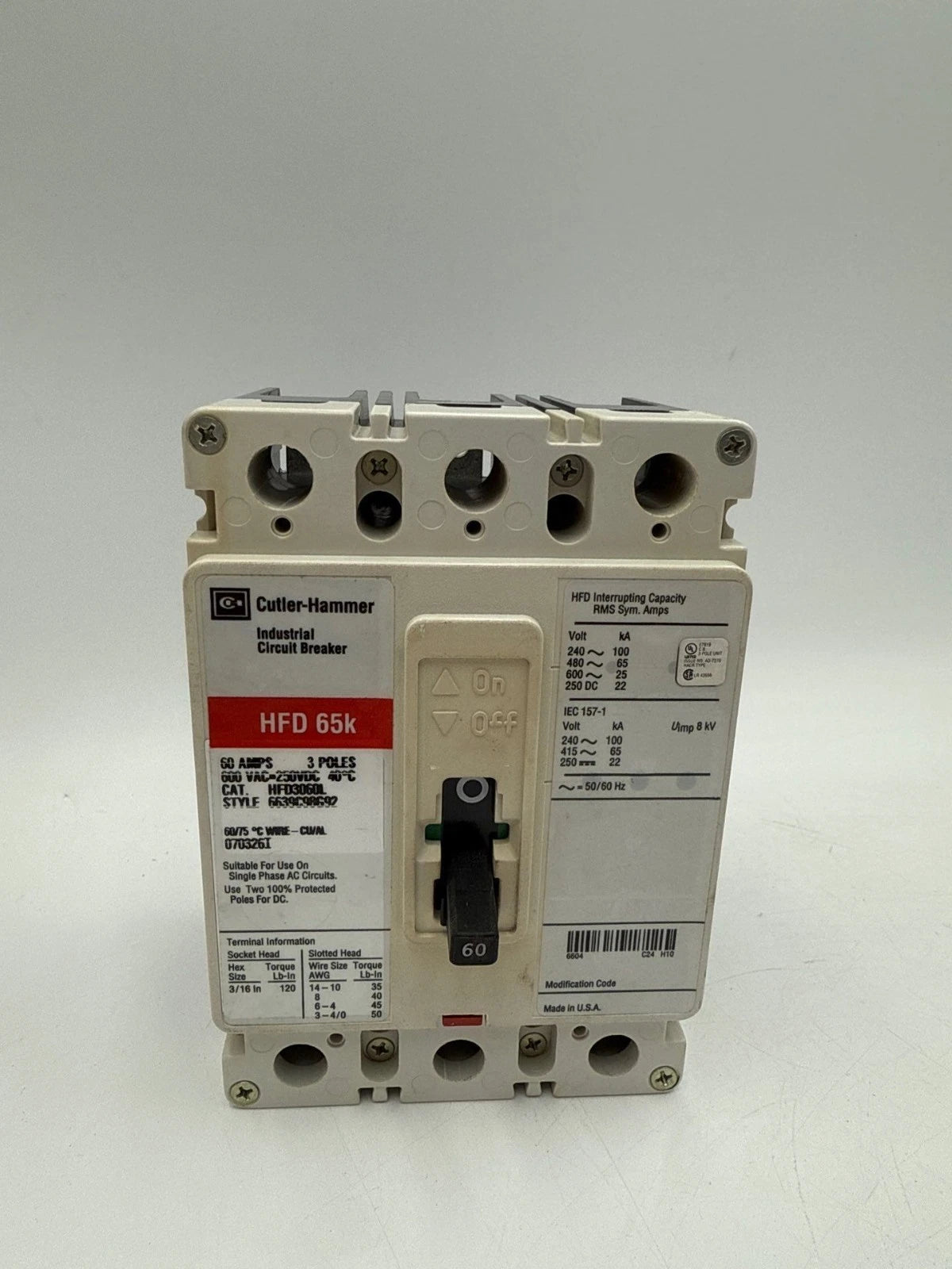 Cutler-Hammer HFD3060L Circuit Breaker 60A 3P 600V HFD 65k 60 Amp 3 Pole Used Used