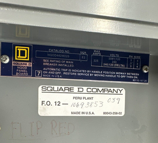 Square D NQOD442M225 Panelboard 225A 208/120V 3PH Indoor Encl 42 Cir 225 Amp MCB P385 Used