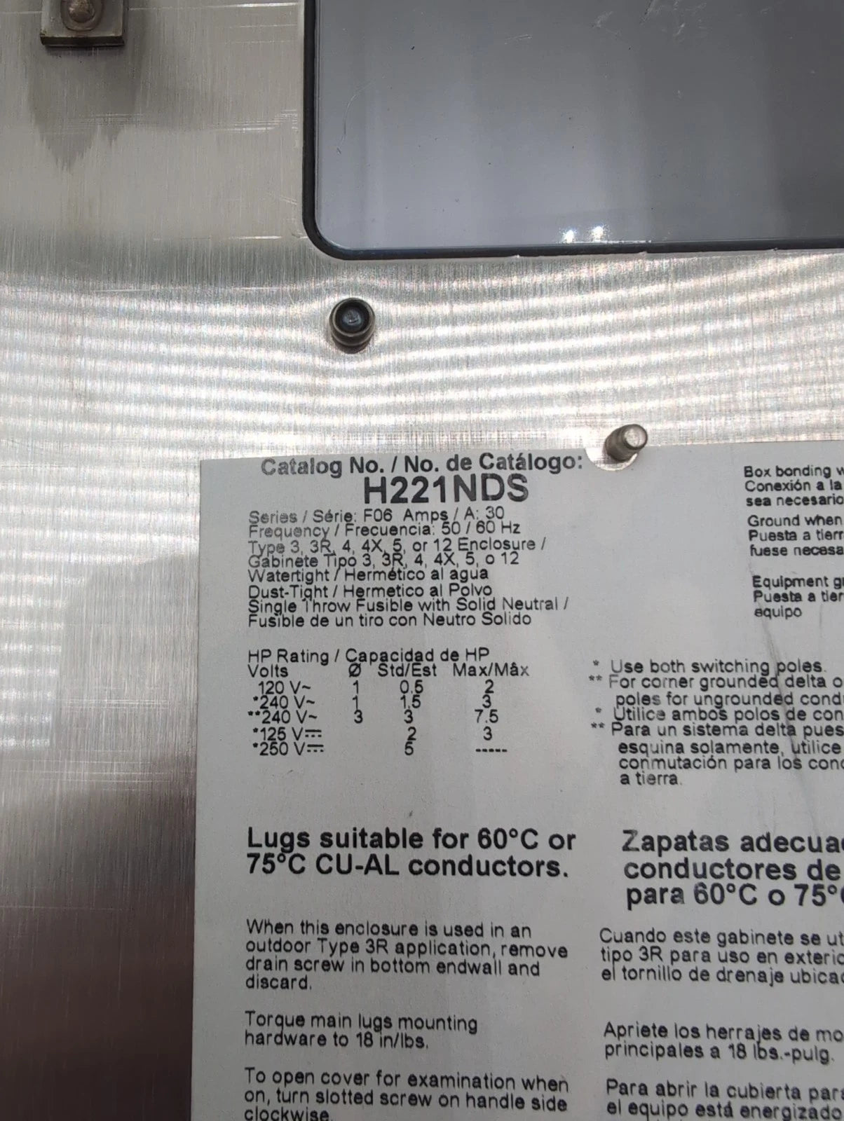 SQ D H221NDS Safety Disconnect Switch 30A 2P 240V 4X Encl Stainless New No Box New