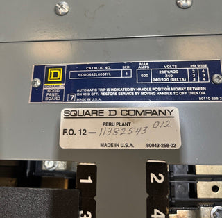 Square D NQOD442L600TFL Panelboard 600A 208/120V 3PH 42 Cir MLO Panel 600 Amp Used