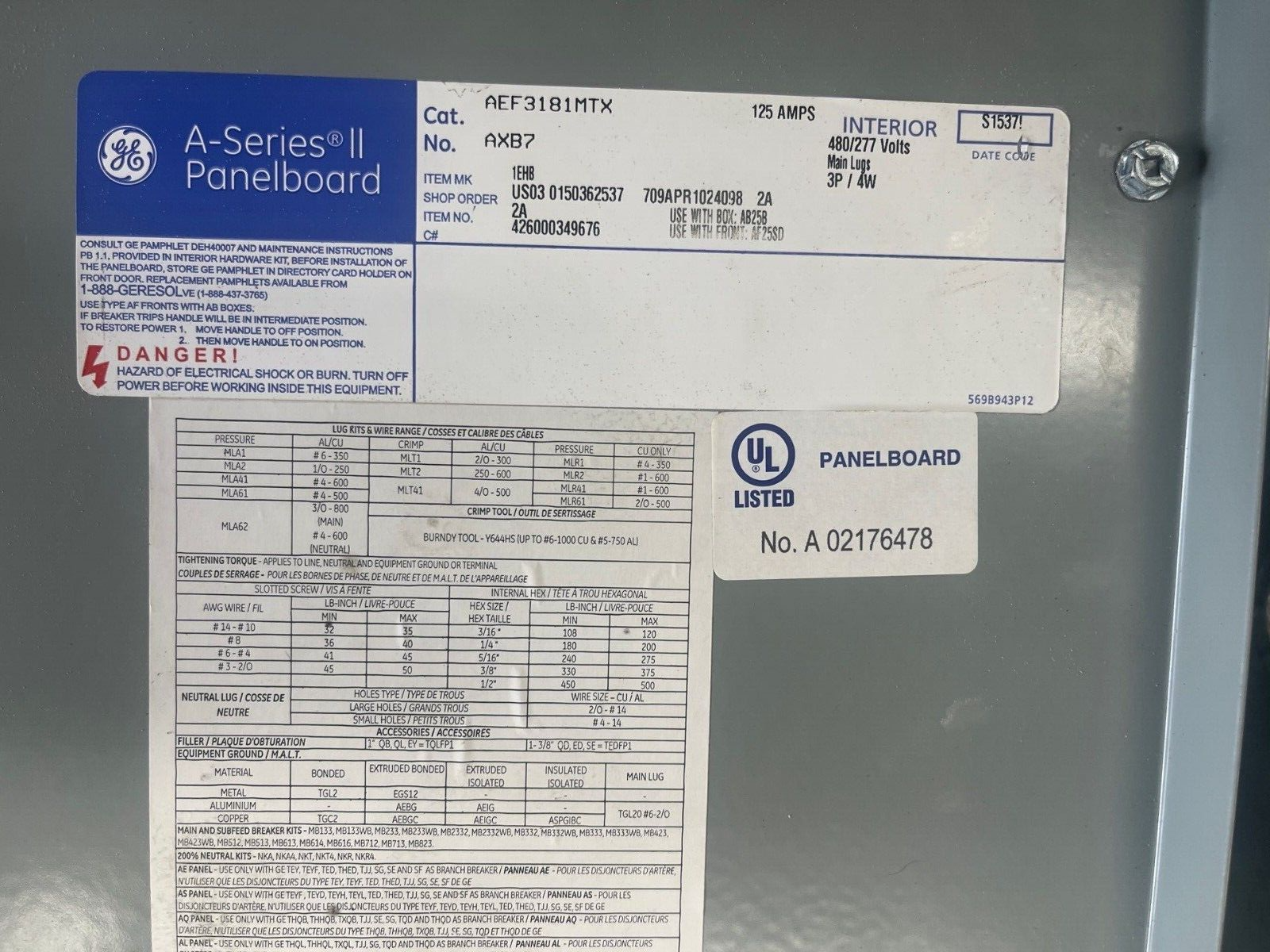 GE AEF3181MTX Panelboard 125A 480/277V 3PH 4W Indoor Encl 18 Circuit MLO 125 Amp P607 Used