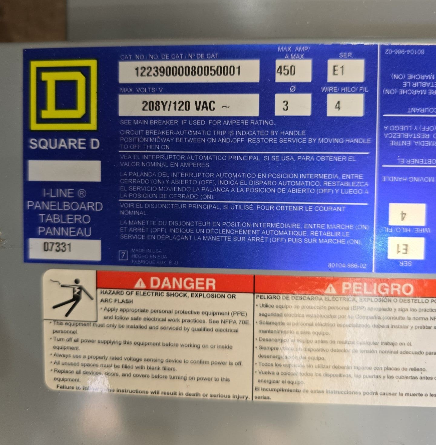 Square D I-Line Panelboard 450A 208/120V 3PH 4W MCB 450 Amp Panel 24 Cir MGP36450 Used