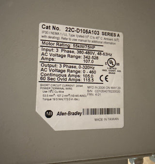 Allen Bradley 22C-D105A103 Power Flex 400 75HP AC Drive 22CD105A103 Used