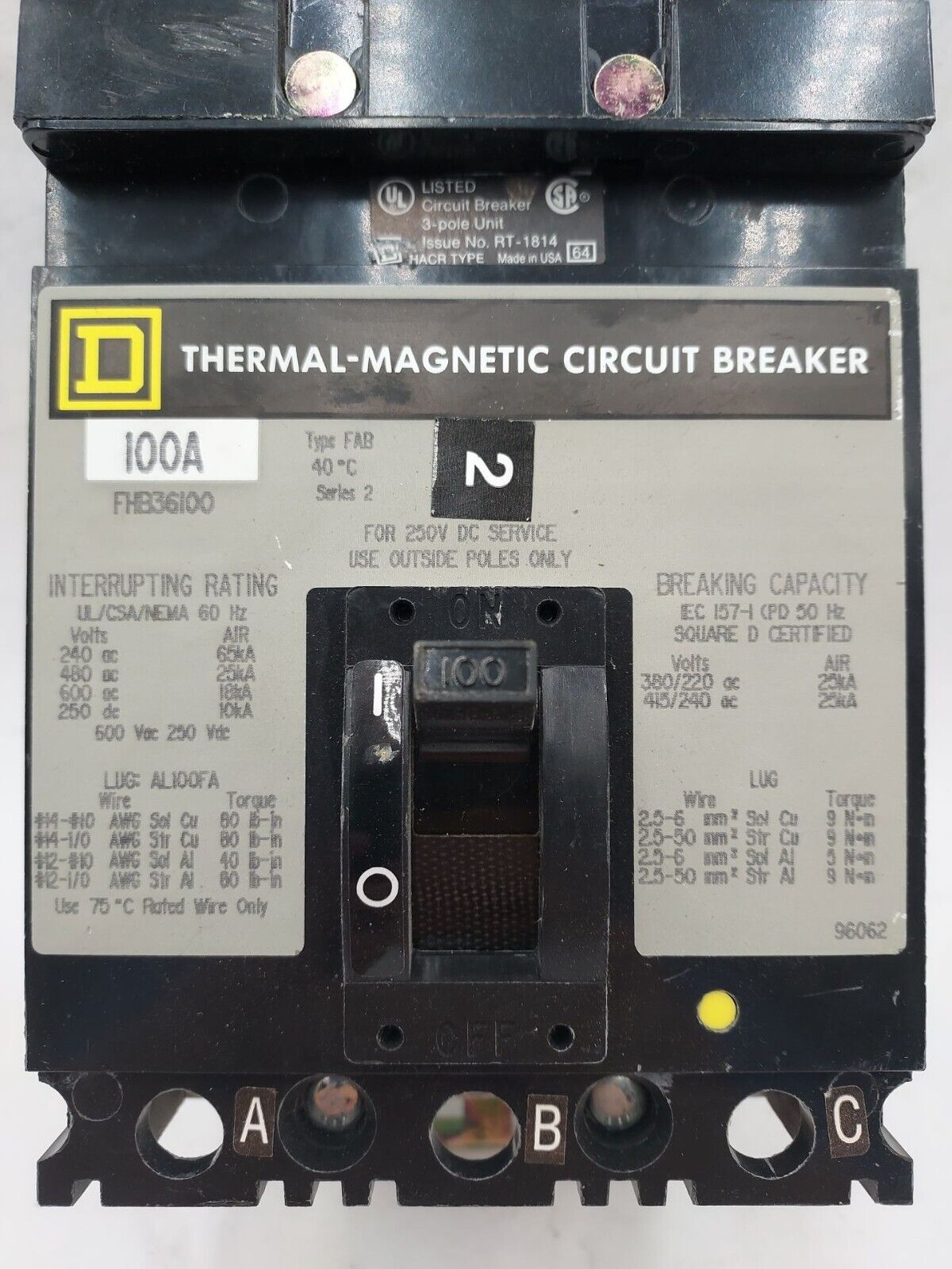 Square D FHB36100 Used