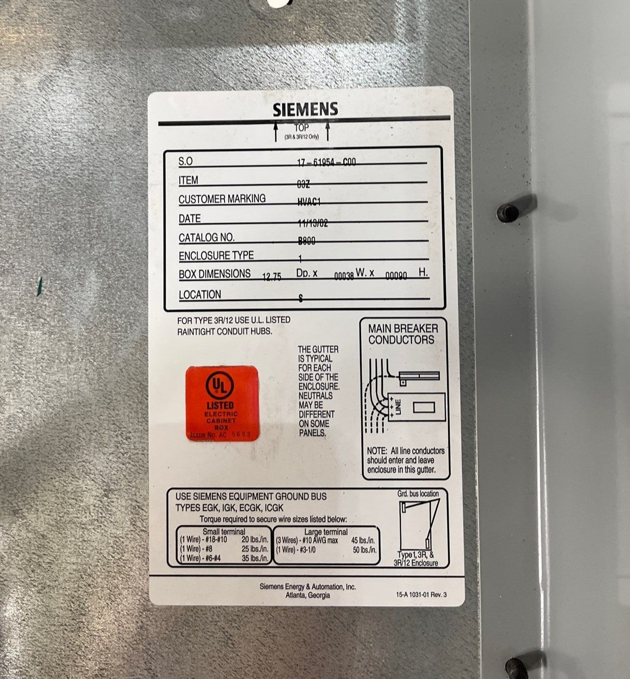 Siemens S5E90ML800ATS S5 Panelboard 800A 480/277V 3PH 4W MLO Indoor Encl B890 Box Used