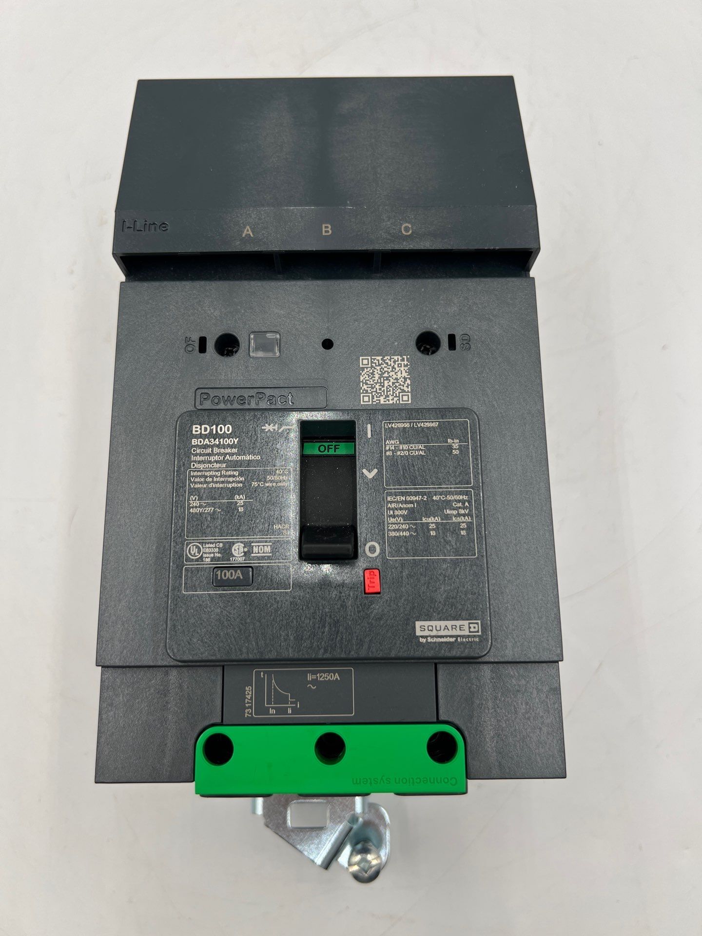 Square D BDA34100Y I-Line Circuit Breaker 100A 480V 3P BDA PowerPact 100 Amp 3 Pole Used