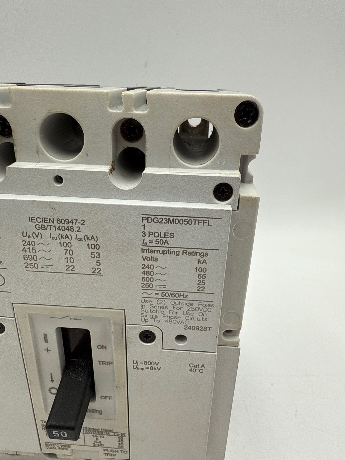 Eaton PDG23M0050TFFL Circuit Breaker 50A 600V 3P Bolt On 50 Amp 3 Pole Used