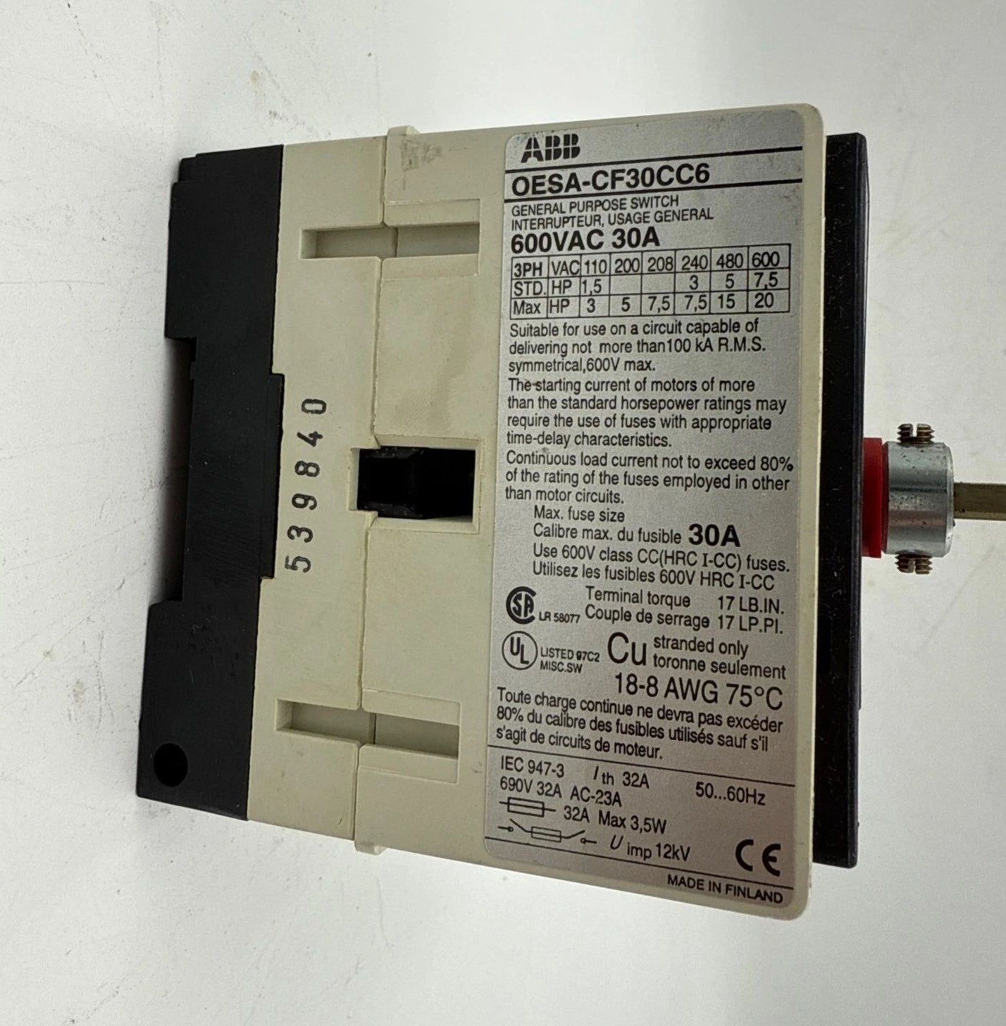 ABB OESA-CF30CC6 Disconnect Switch 30A 3P 600V Fused 3PH 7.5HP 30 Amp 3 Pole Used