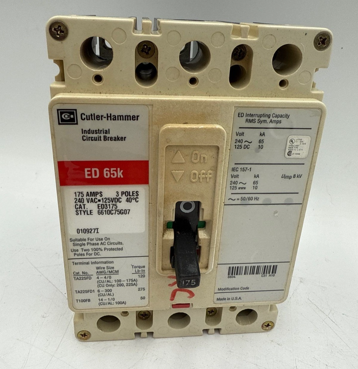 Cutler Hammer ED3175 Circuit Breaker 175A 3P 240V 3PH ED 65k 175 Amp 3 Pole Used