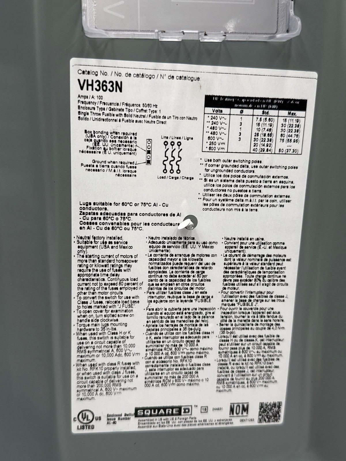 Square D VH363N Safety Disconnect Switch 100A 3P 600V Indoor Encl 100 Amp 3 Pole New