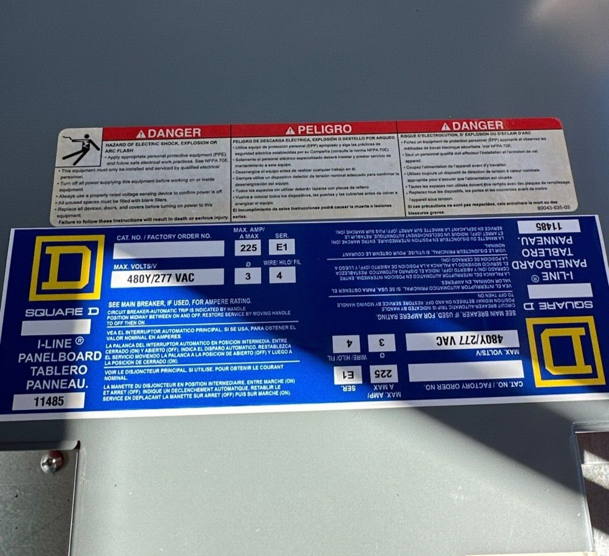 Square D I-Line Panelboard 225A 480Y/277V 3PH 4W Indoor Encl 30Cir HCN65TSD P454 Used