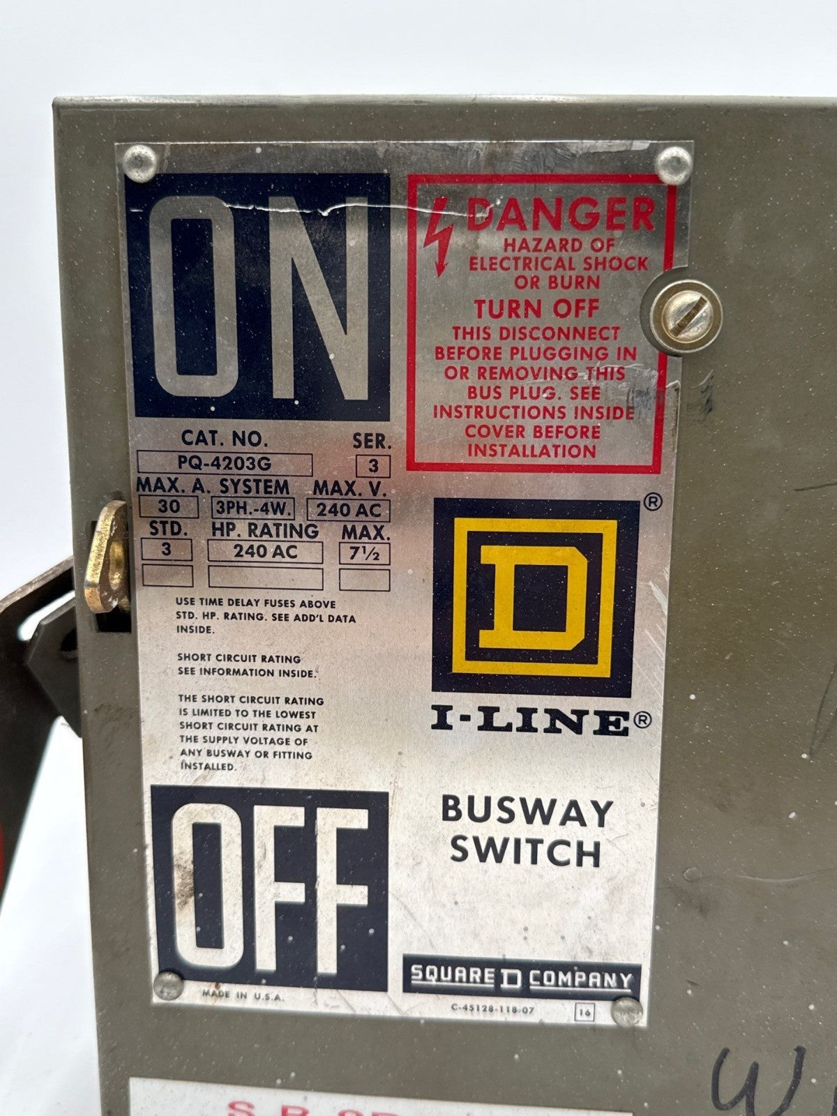 Square D PQ-4203G Busplug I-Line Busway Unit Switch 30A 3PH 4W 240V 30 Amp Used