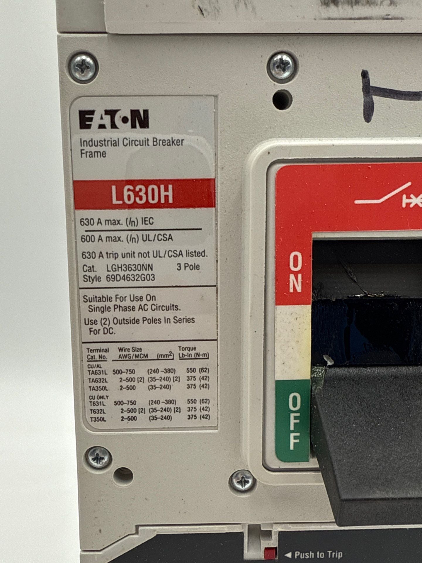 Eaton LGH3630NN Circuit Breaker 500A 3P 600V L630H LGH 500 Amp 3 Pole Used