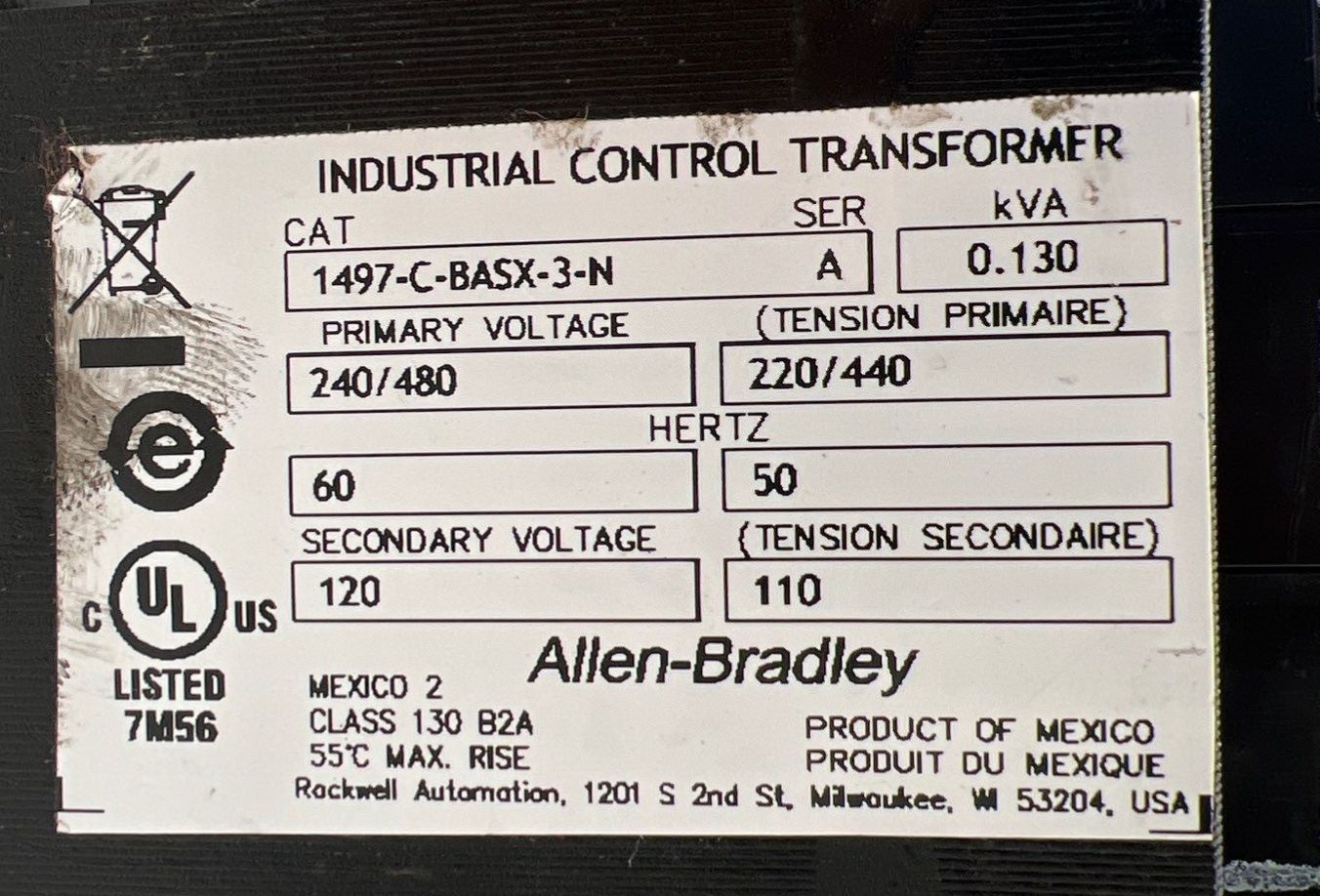 Allen Bradley 1497-C-BASX-3-N Ind Control Transformer 0.130Kva 240/480V 60/50HZ Used