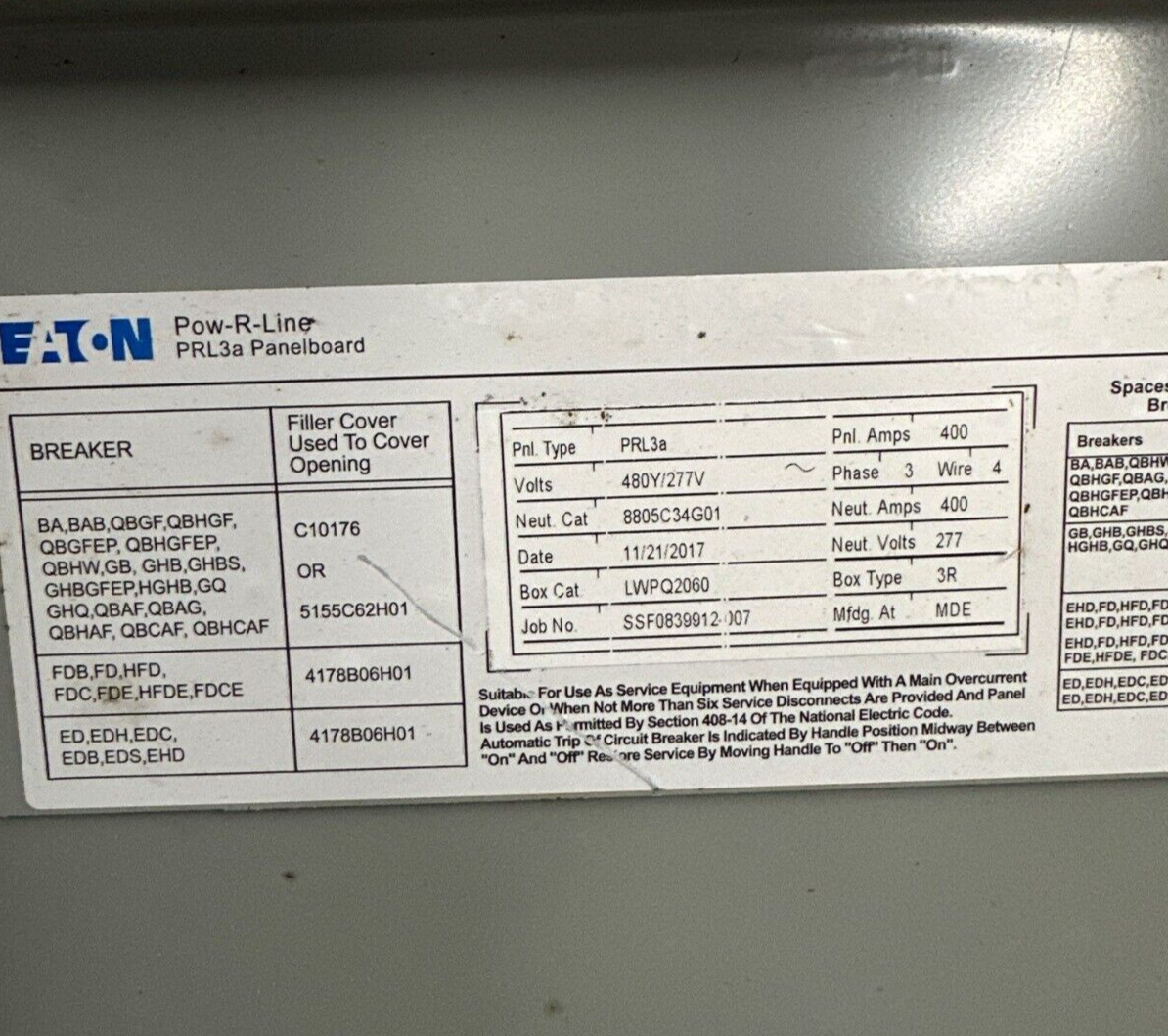 Eaton PRL3A Panelboard 400A 480Y/277V 3PH 4W 3R Outdoor Encl MLO 18 Cir Main Lug P284 Used