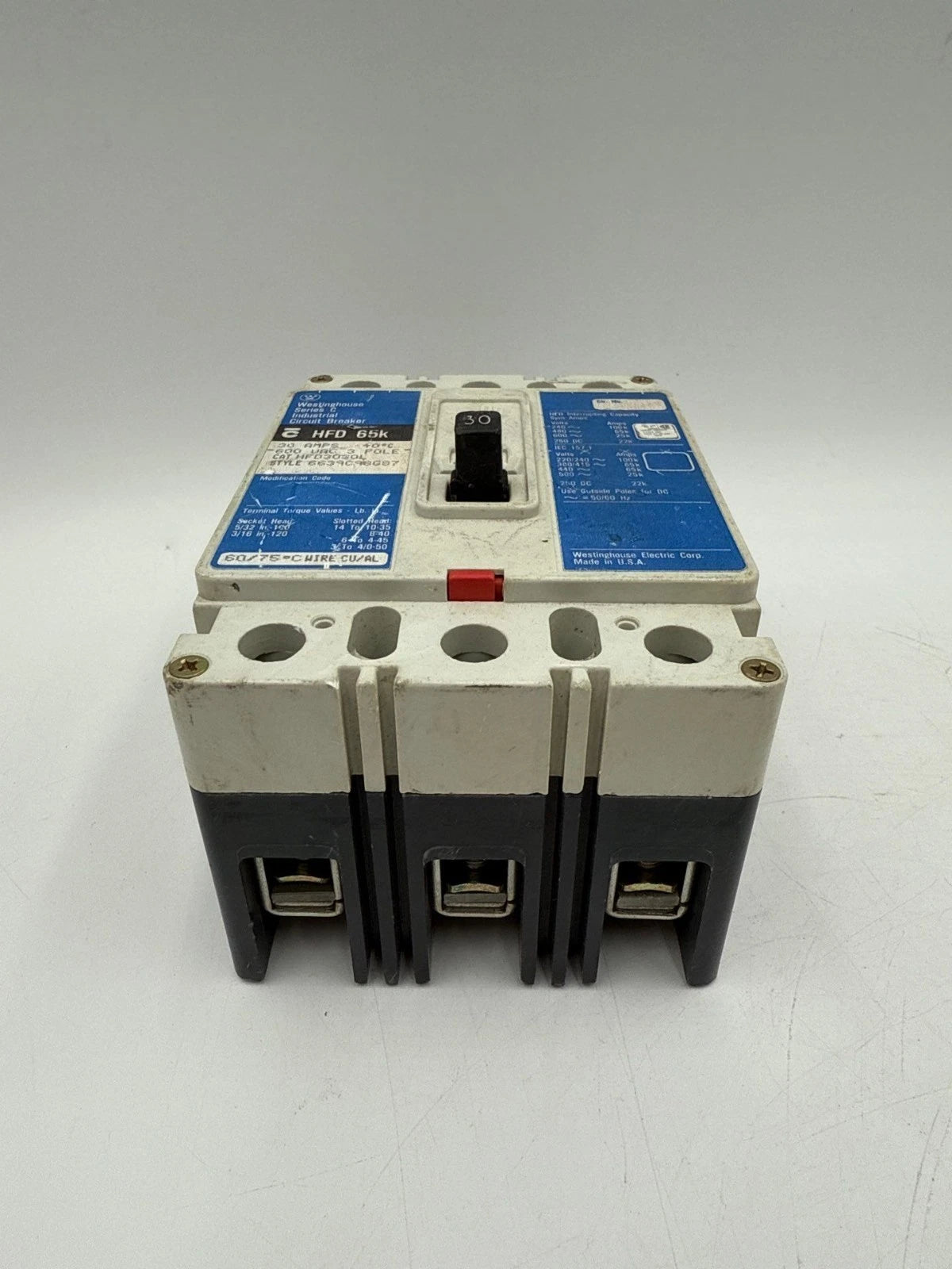 Westinghouse HFD3030L Circuit Breaker 30A 3P 600V 3PH HFD Bolt On 30 Amp 3 Pole Used