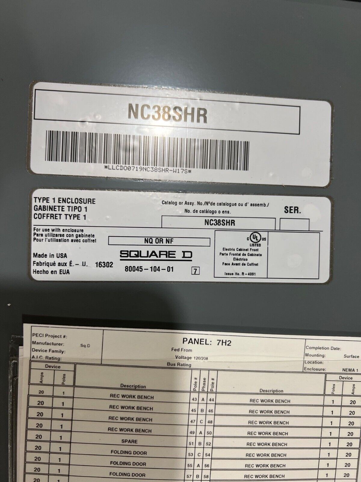 Square D NQ NQ442L2C Panelboard 225A 240V 3PH 4W MLO Indoor Encl 42 Circuit P620 Used