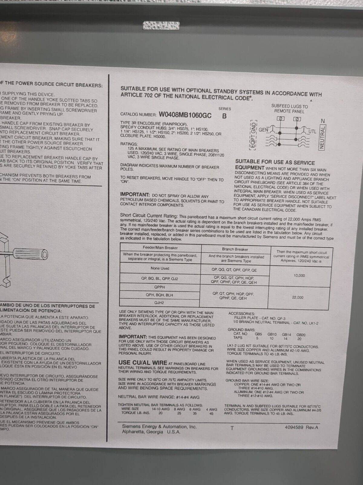 Siemens W0408MB1060GC Standby Power Load Center 60A 120/240V Type 3R New
