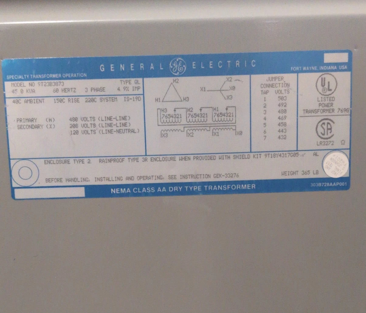 45 KVA GE 9T23B3873 Transformer Pri 480V Sec 208/120V 3PH Indoor QL Type 2 Encl Used