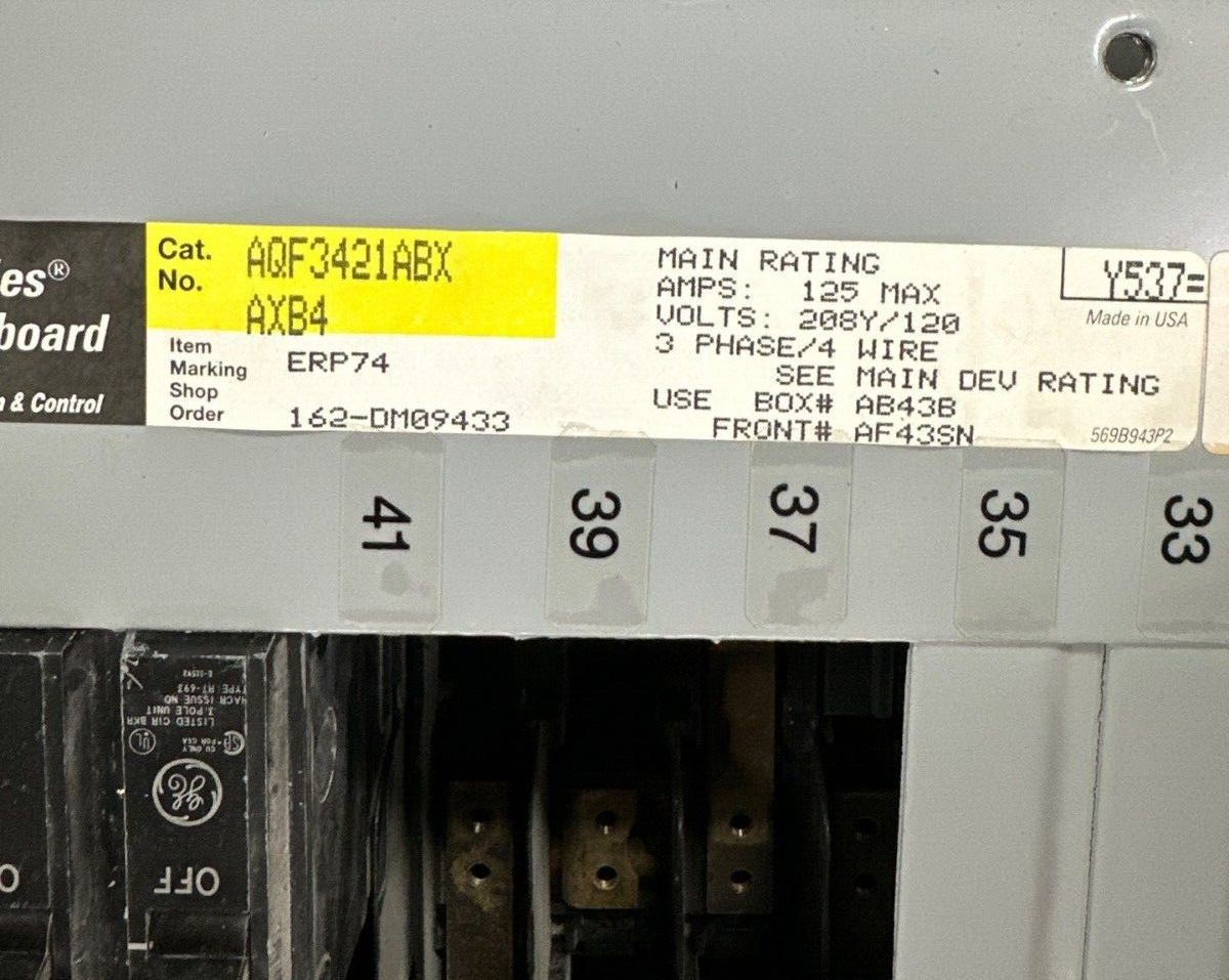 GE AQF3421ABX Panelboard 125A 208Y/120V 3PH 4W 42 CIR MCB THQB32100 NEMA 1 P031 Used