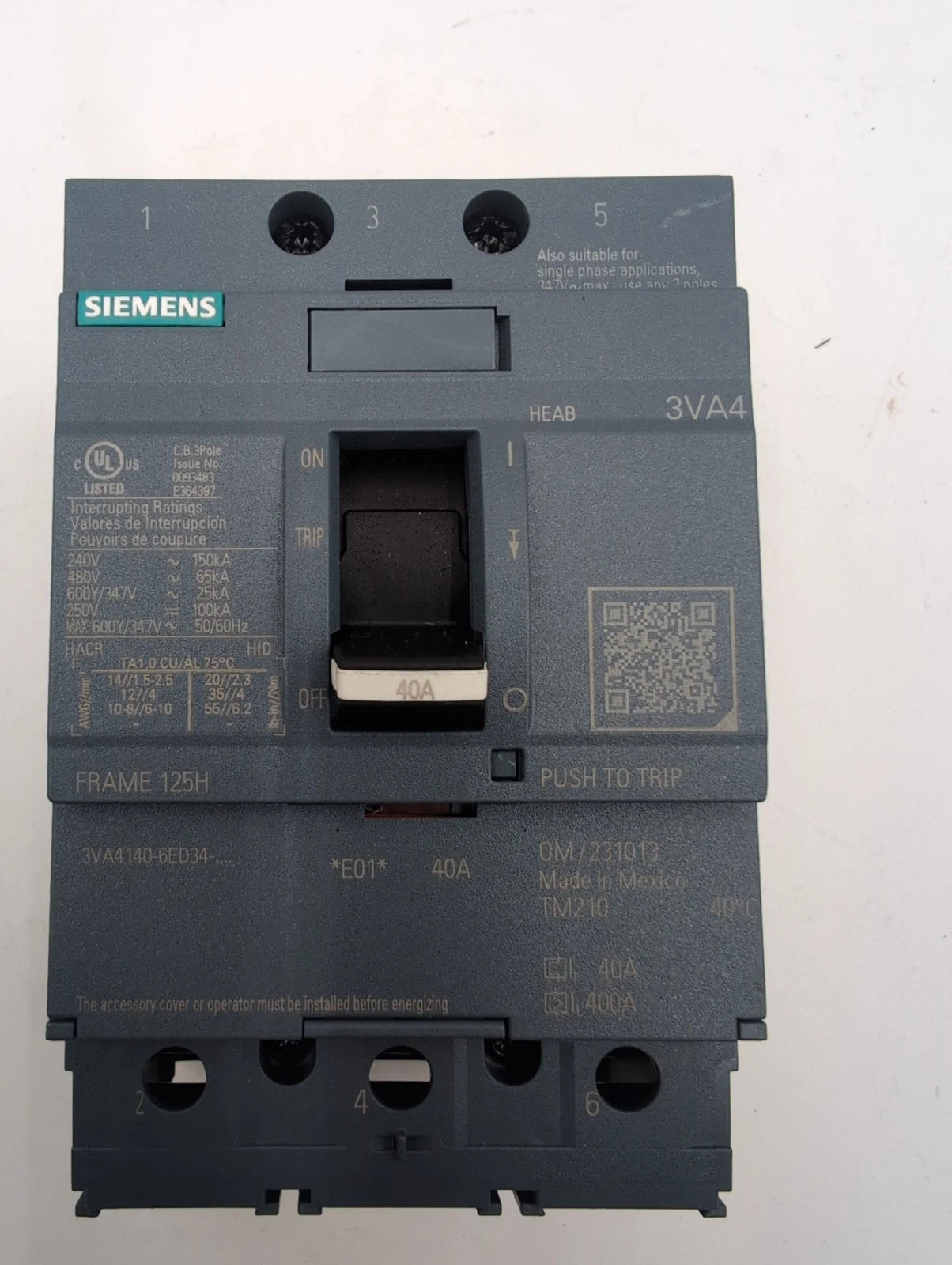 Siemens 3VA4140-6ED34-0AA0 Bolt On Circuit Breaker 40A 3P 480V 600Y/347Y 40 Amp New