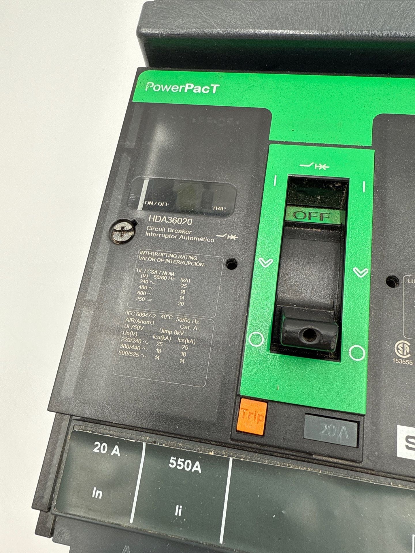 Square D HDA36020 I-Line Circuit Breake 20A 3P 600V HDA PowerPact 20 Amp Used