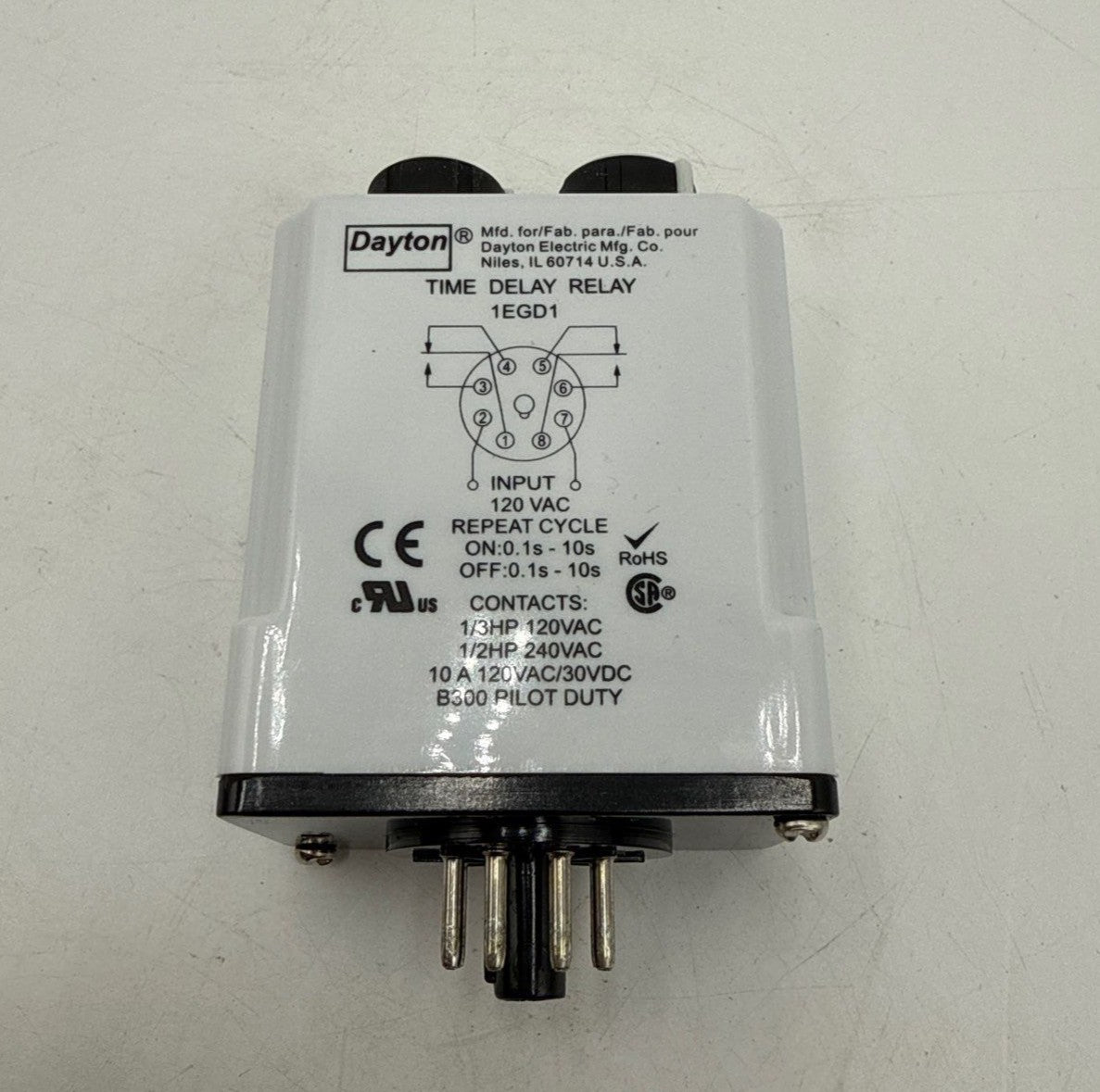 Dayton 1EGD1 Timer DPDT Time Delay Relay 0-10SEC 8 PIN 10A 120V New