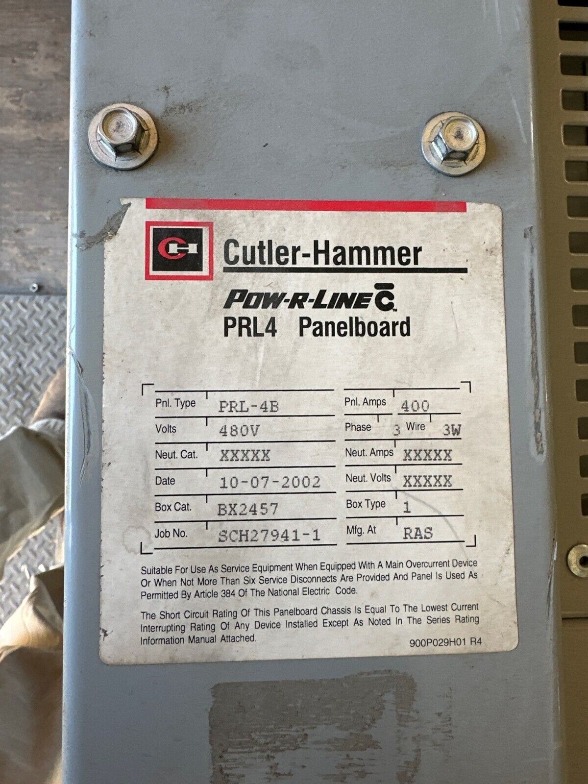 Cutler Hammer PRL4B Panelboard 400A 480V 3PH 3W 18 Cir MCB Indoor Encl BX2457 P022 Used