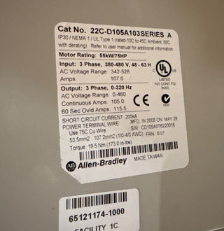 Allen Bradley 22C-D105A103 Power Flex 400 75HP AC Drive 22CD105A103 New