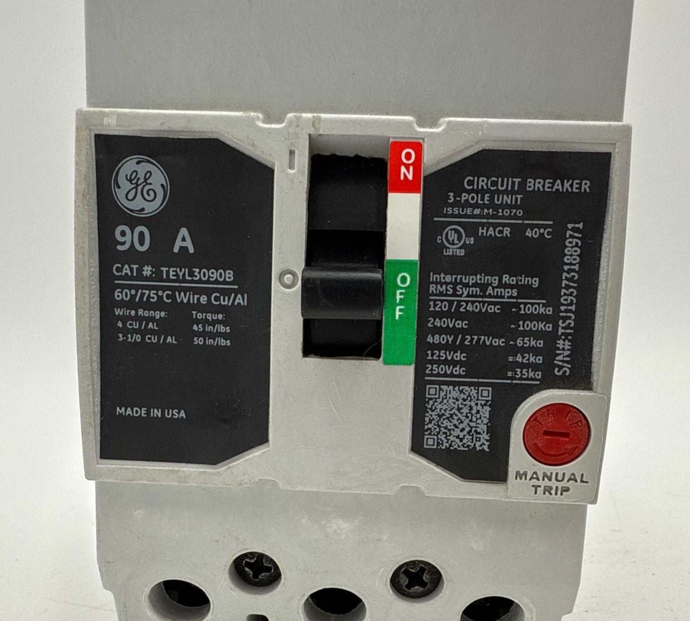 GE TEYL3090B Circuit Breaker 90A 3P 480/277V 3PH TEYL 90 Amp 3 Pole Bolt On Used