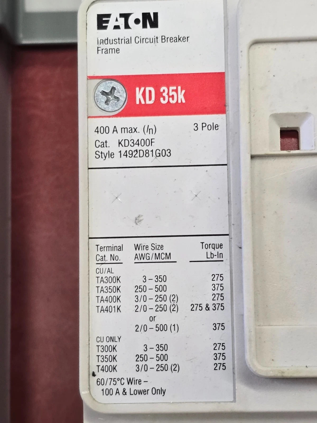 Eaton PRL3X Panelboard 400A 480/277V 3PH MCB Panel KD3400 Subfeed 350A 3R Encl Used