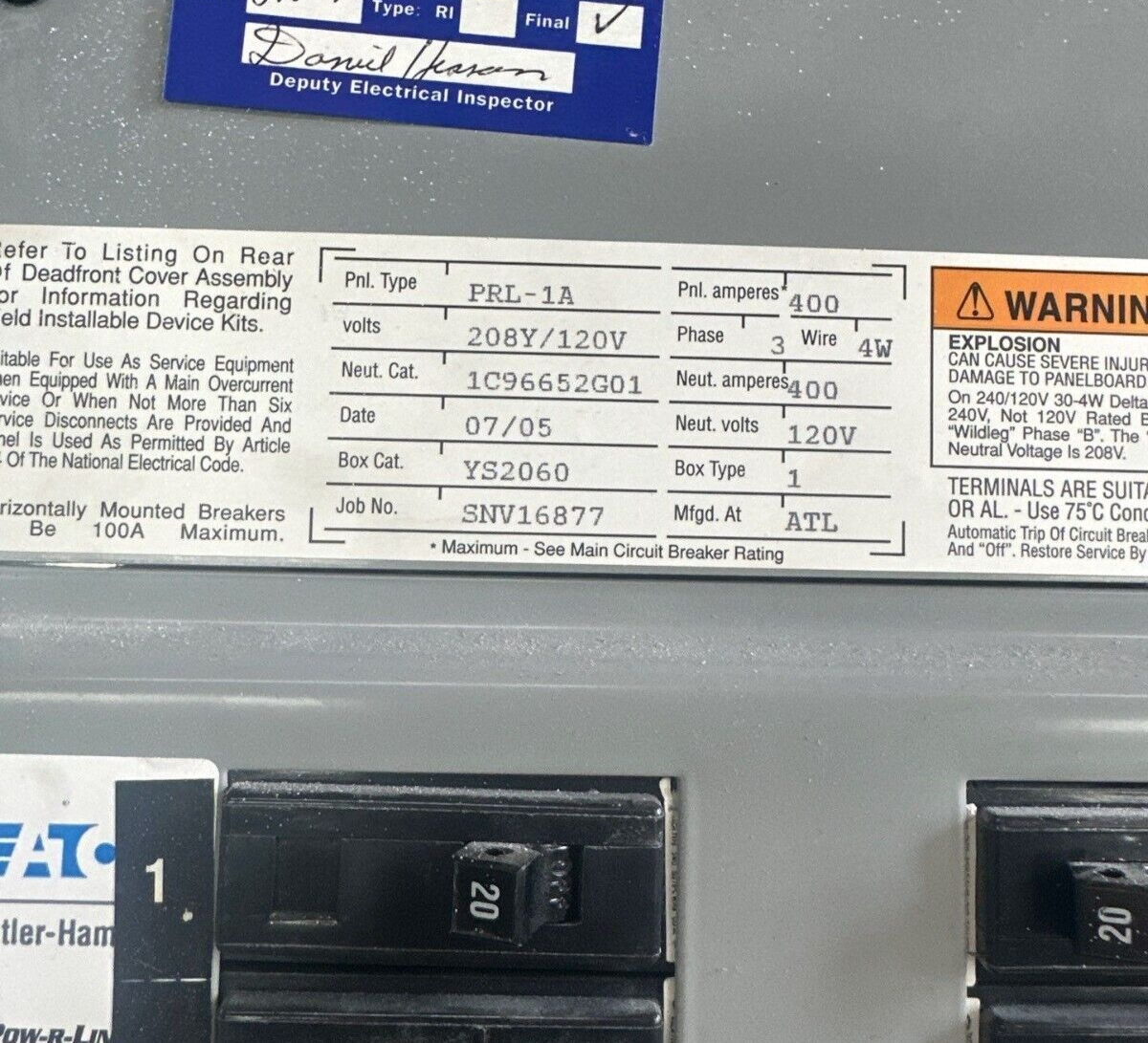 Cutler Hammer PRL1A Panelboard 400A 208Y/120V 3PH 4W 42 Cir Indoor Encl MCB P415 Used