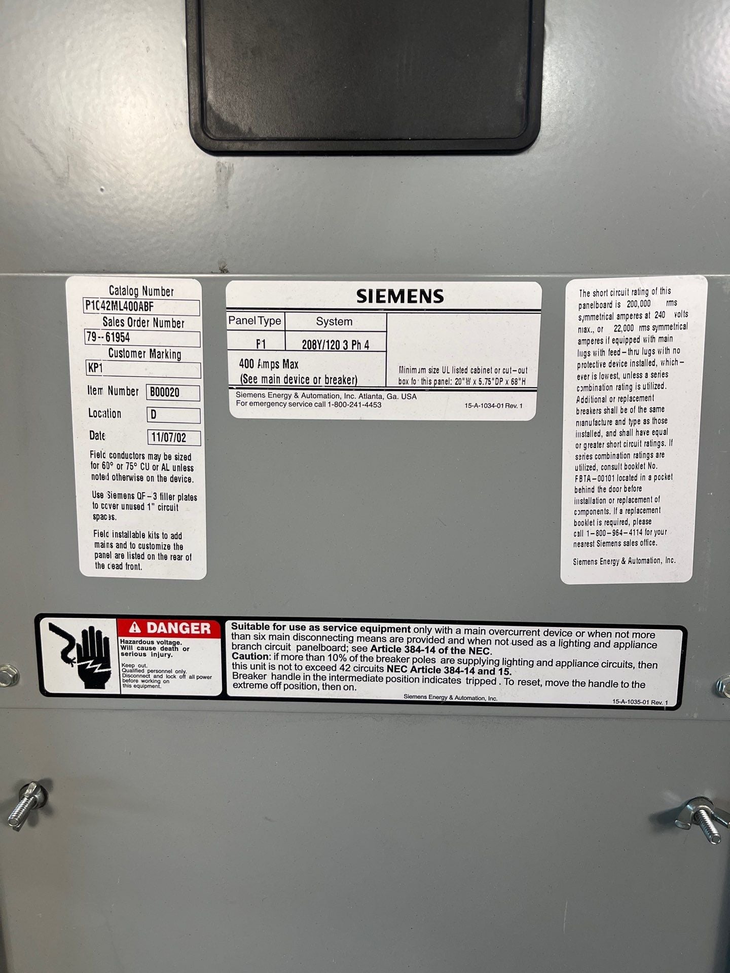 Siemens P1C42ML400ABF P1 Panelboard 400A 208/120V 3PH 4W 42 Cir MLO Indoor Encl B68 Box Used