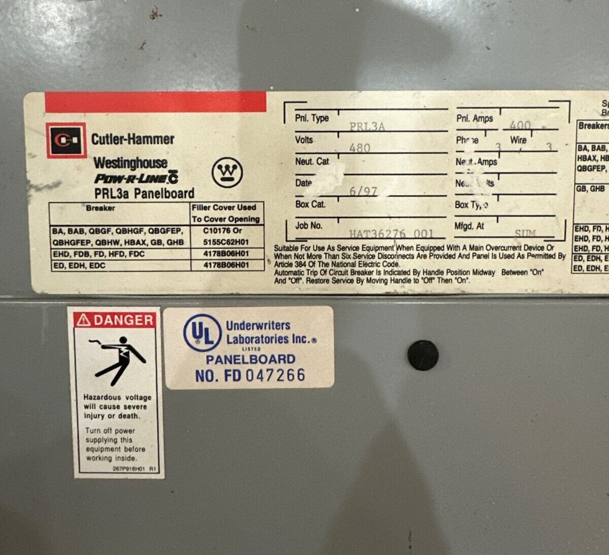 Westinghouse PRL3A Panelboard 400A 480V 3PH 3W Indoor Encl MCB JD3200 400 Amp P541 Used